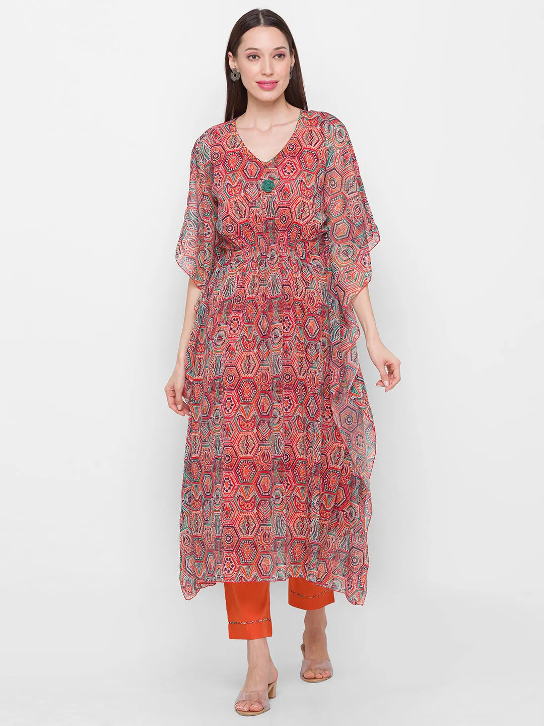Chiffon V-neck Kimono Sleeve Multi Color Geometric Print Ethnic wear kaftan with pant set for women - ZOLA