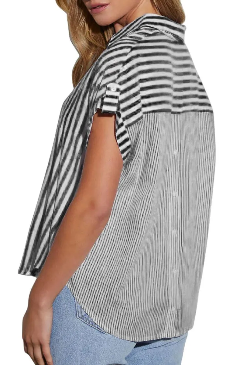 Chouyatou Women's Summer Cap Sleeve Striped Button Down Shirt Loose Business Casual Tops Work Blouses