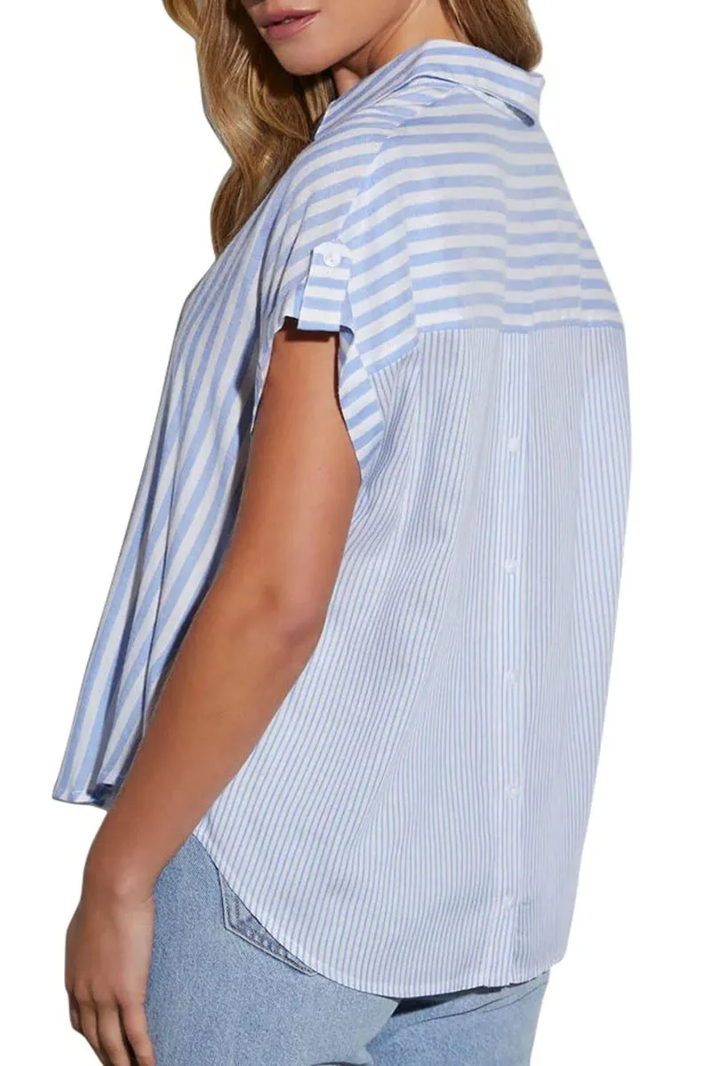Chouyatou Women's Summer Cap Sleeve Striped Button Down Shirt Loose Business Casual Tops Work Blouses