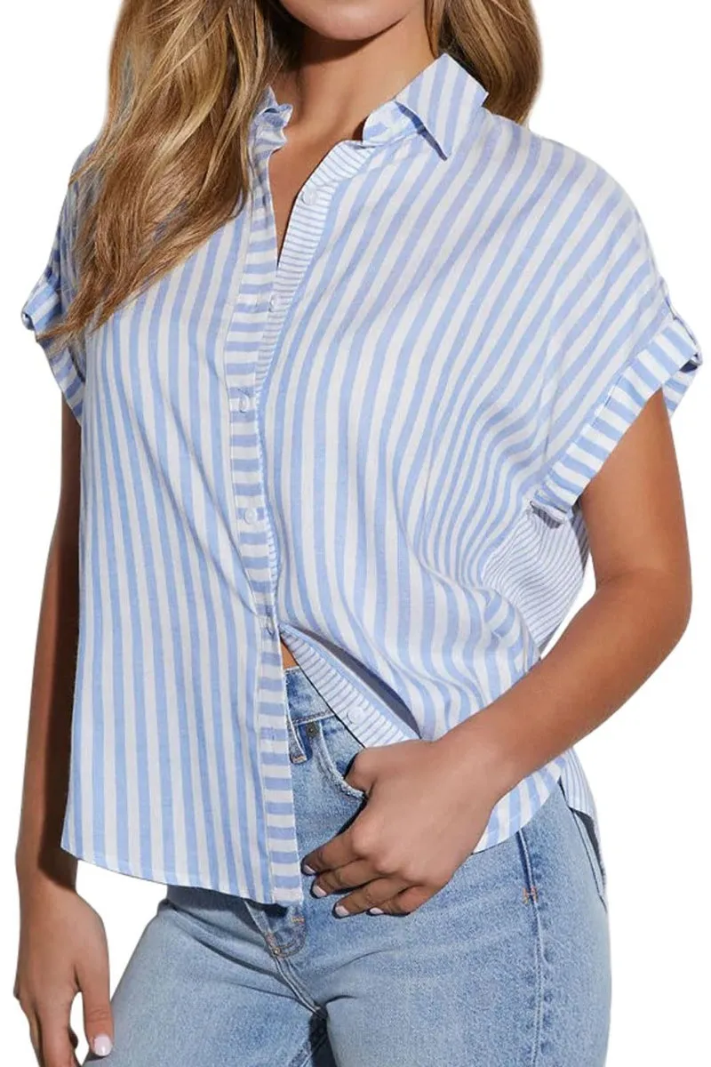 Chouyatou Women's Summer Cap Sleeve Striped Button Down Shirt Loose Business Casual Tops Work Blouses