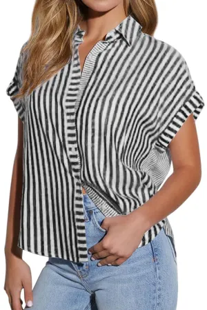 Chouyatou Women's Summer Cap Sleeve Striped Button Down Shirt Loose Business Casual Tops Work Blouses