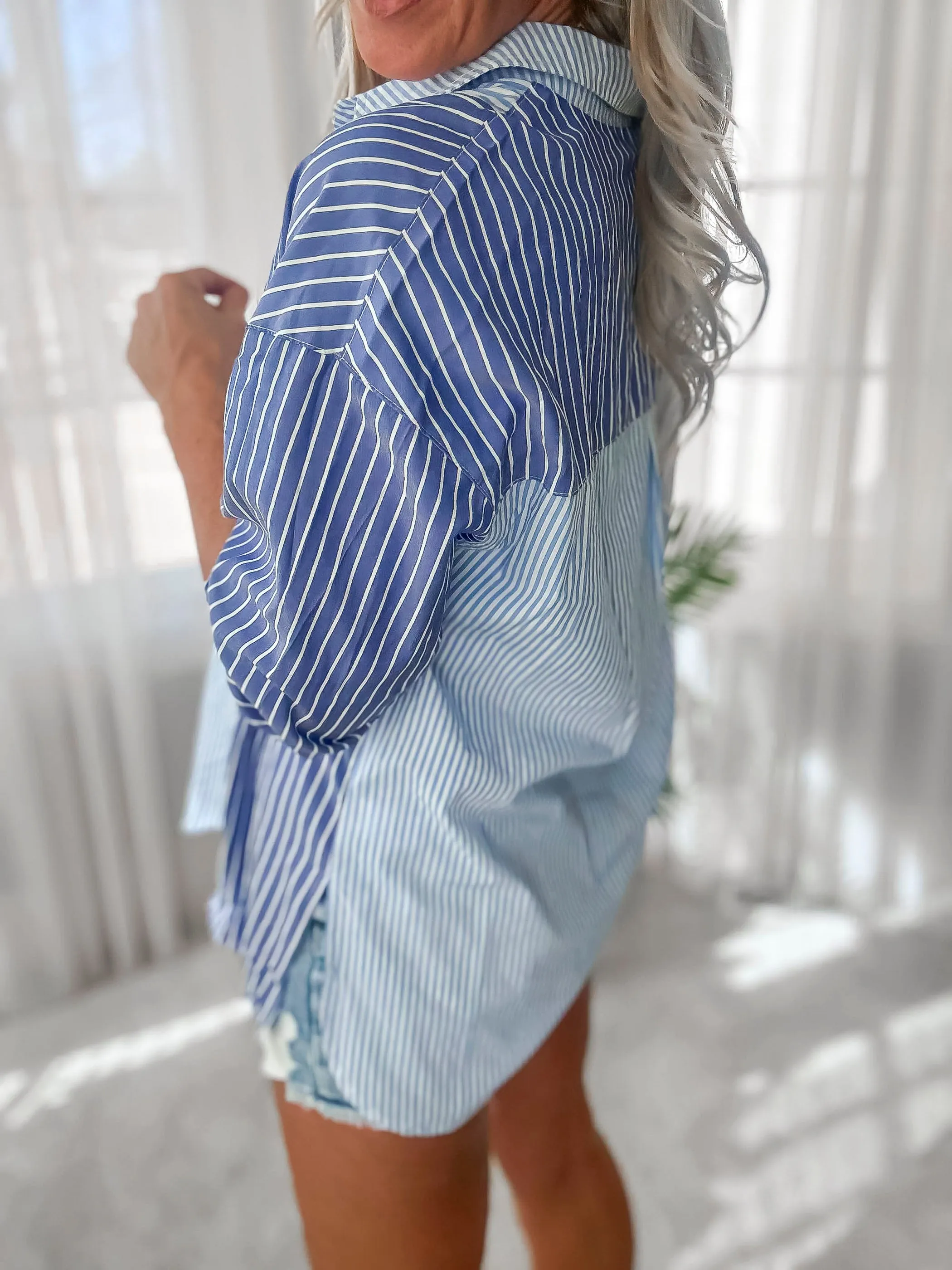 Coastal Cool Button Down Stripe Long Sleeve Top