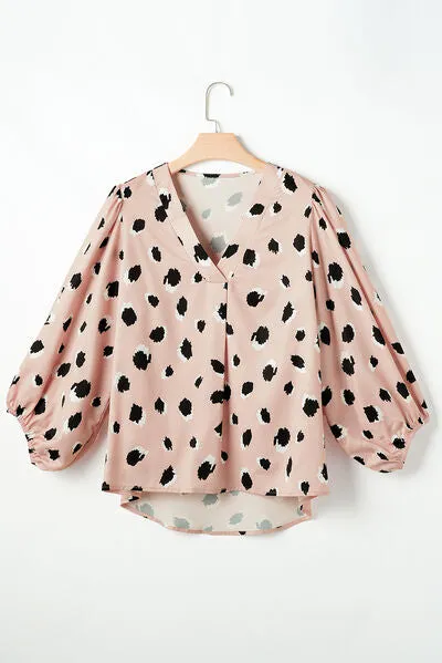 Contrast Animal Print V-Neck Long Sleeve Blouse