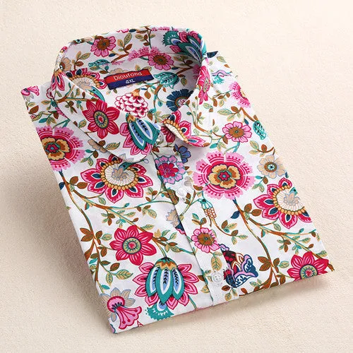 Cotton Women Vintage Shirts Turn Down Collar Shirt Long Sleeve Blouses Floral Women Tops