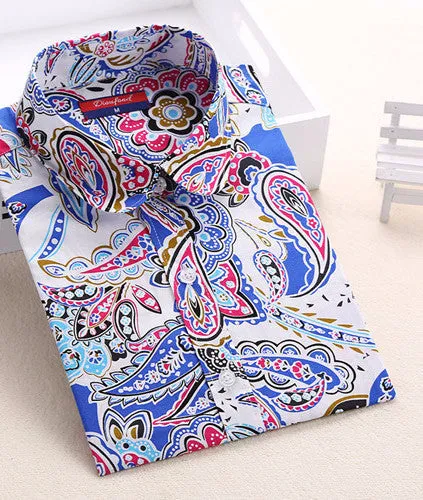 Cotton Women Vintage Shirts Turn Down Collar Shirt Long Sleeve Blouses Floral Women Tops
