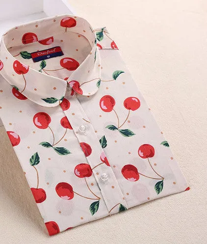 Cotton Women Vintage Shirts Turn Down Collar Shirt Long Sleeve Blouses Floral Women Tops