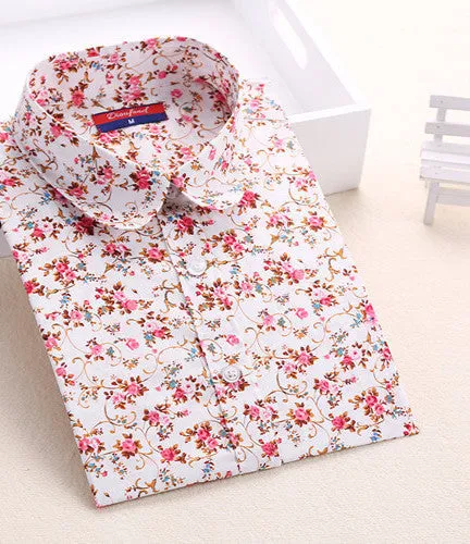 Cotton Women Vintage Shirts Turn Down Collar Shirt Long Sleeve Blouses Floral Women Tops