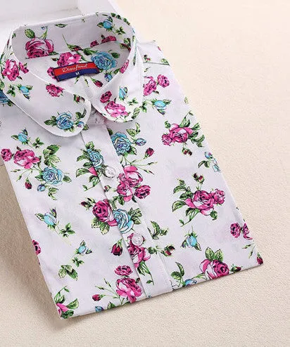 Cotton Women Vintage Shirts Turn Down Collar Shirt Long Sleeve Blouses Floral Women Tops