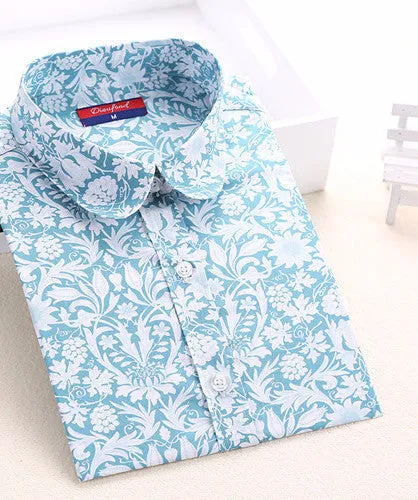 Cotton Women Vintage Shirts Turn Down Collar Shirt Long Sleeve Blouses Floral Women Tops