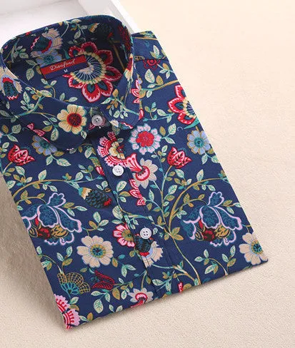 Cotton Women Vintage Shirts Turn Down Collar Shirt Long Sleeve Blouses Floral Women Tops