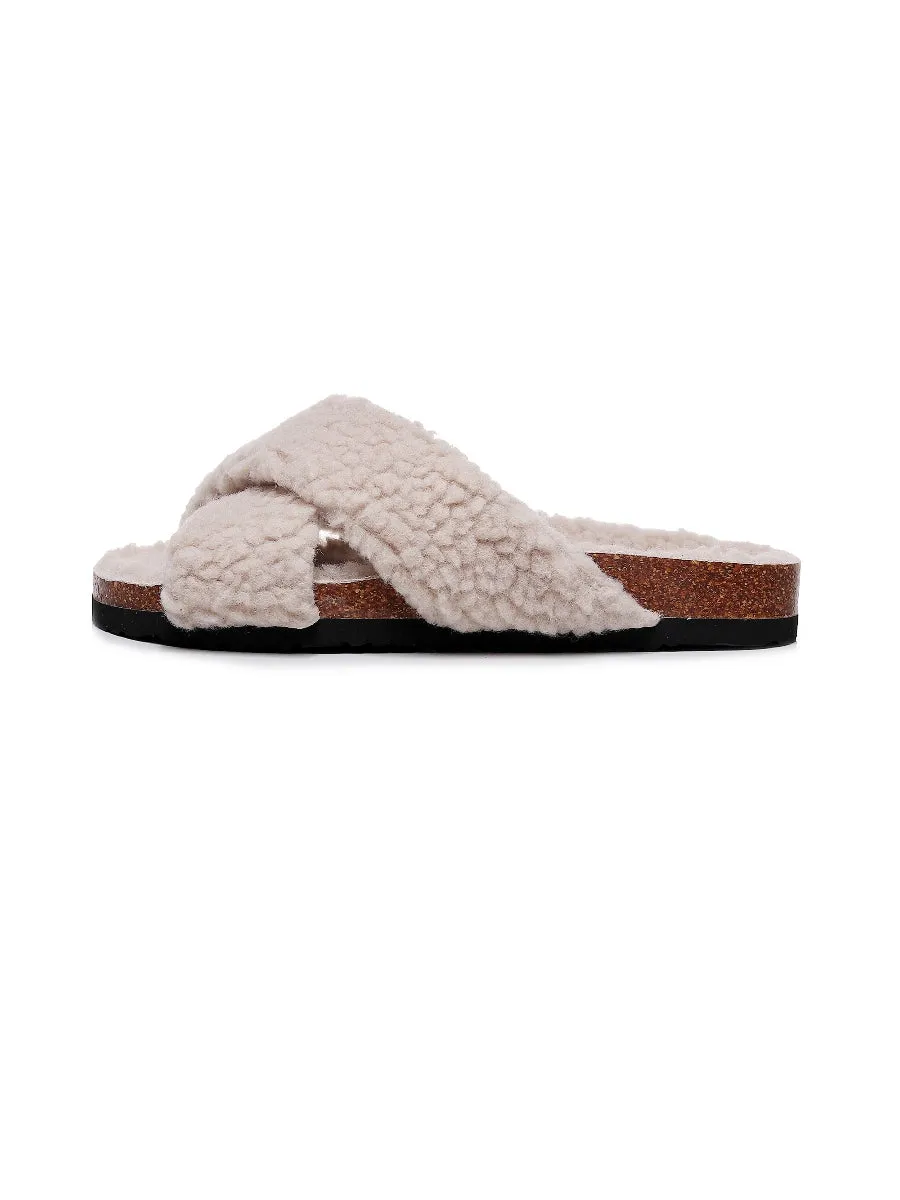Criss-Cross Fleece Slipper - Beige