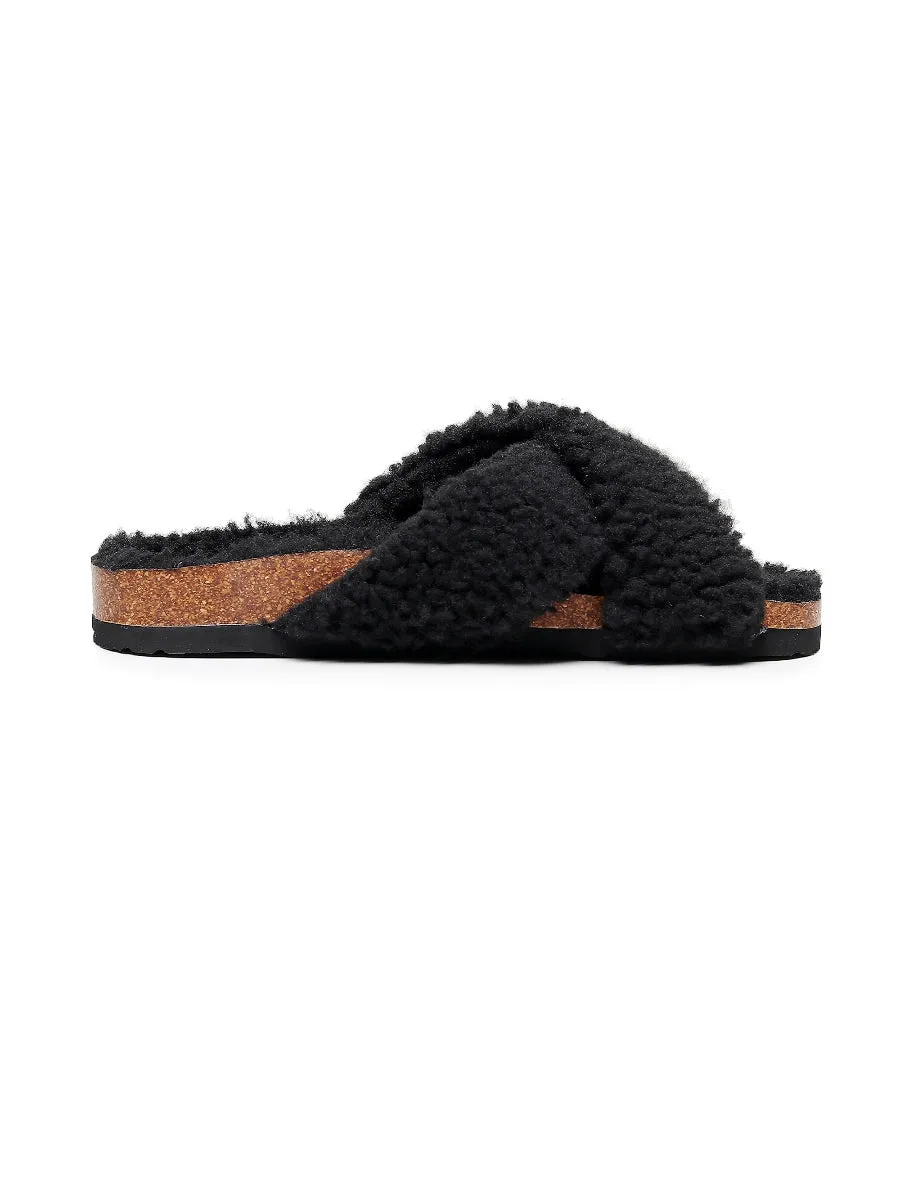 Criss-Cross Fleece Slipper - Black