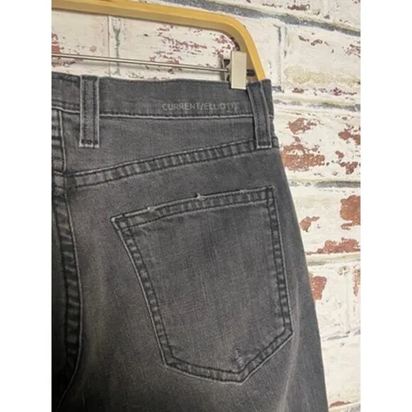 Current/Elliot The Fling Black Washed Pearson Jeans w Real Leather Patched Knees
