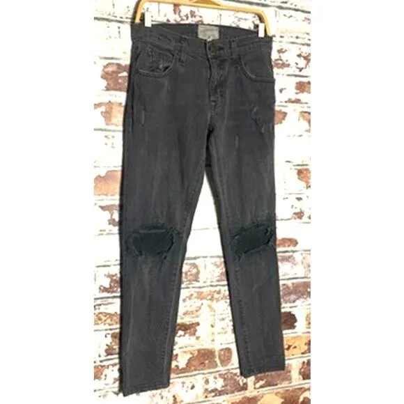 Current/Elliot The Fling Black Washed Pearson Jeans w Real Leather Patched Knees