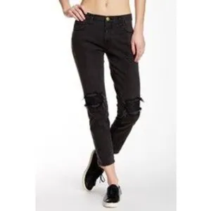 Current/Elliot The Fling Black Washed Pearson Jeans w Real Leather Patched Knees