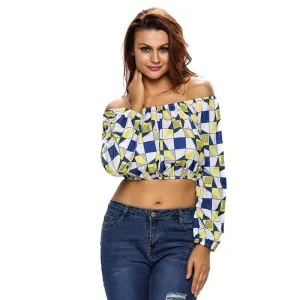 Dear lovers Geometric Print Off Shoulder Long Sleeve Bustier Crop Top womens tops and blouses