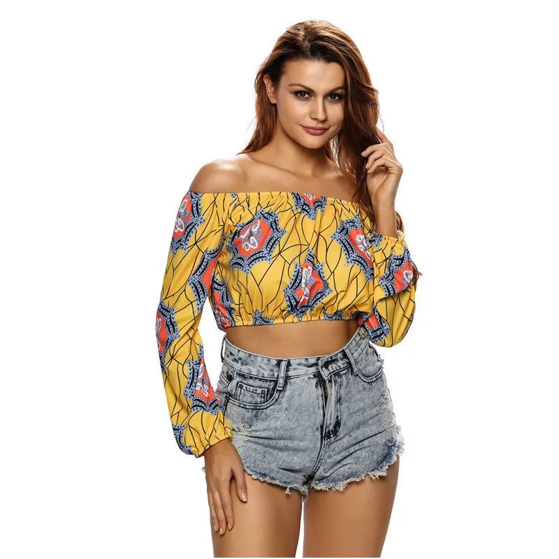 Dear lovers Geometric Print Off Shoulder Long Sleeve Bustier Crop Top womens tops and blouses
