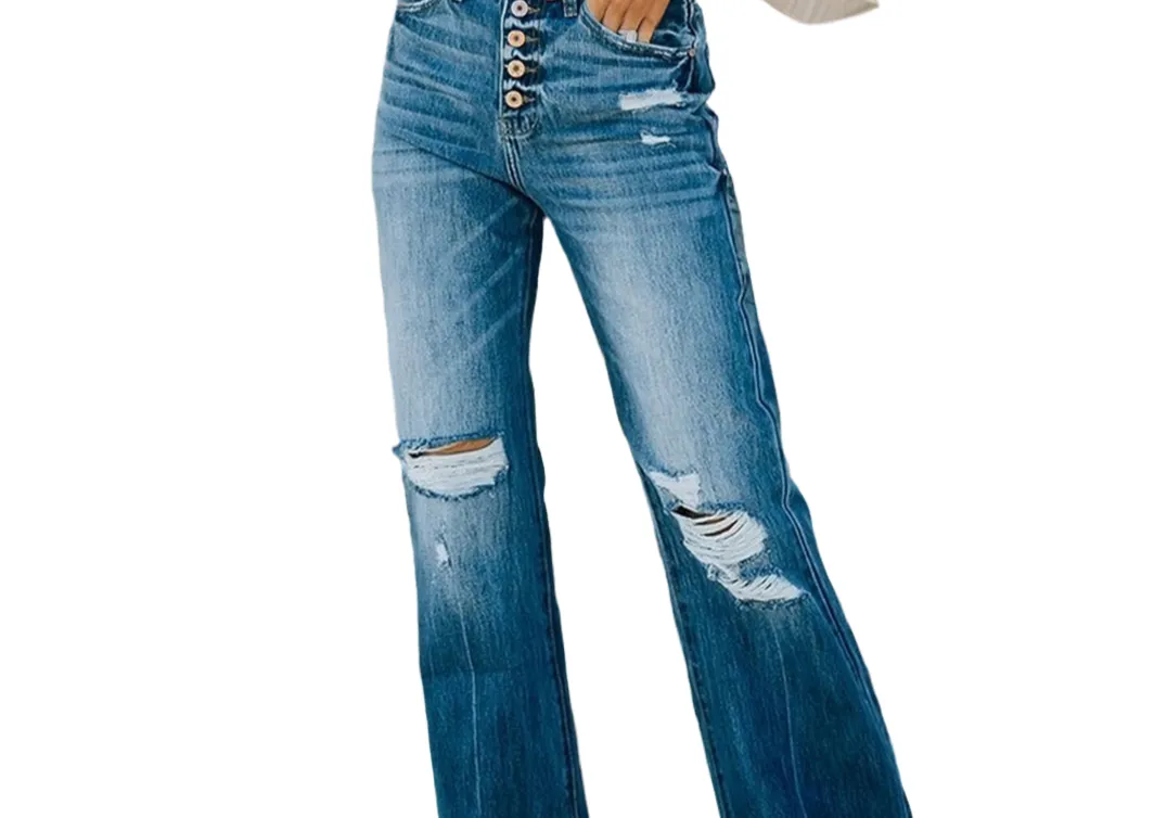 Distressed Button-Fly Jeans with Pockets