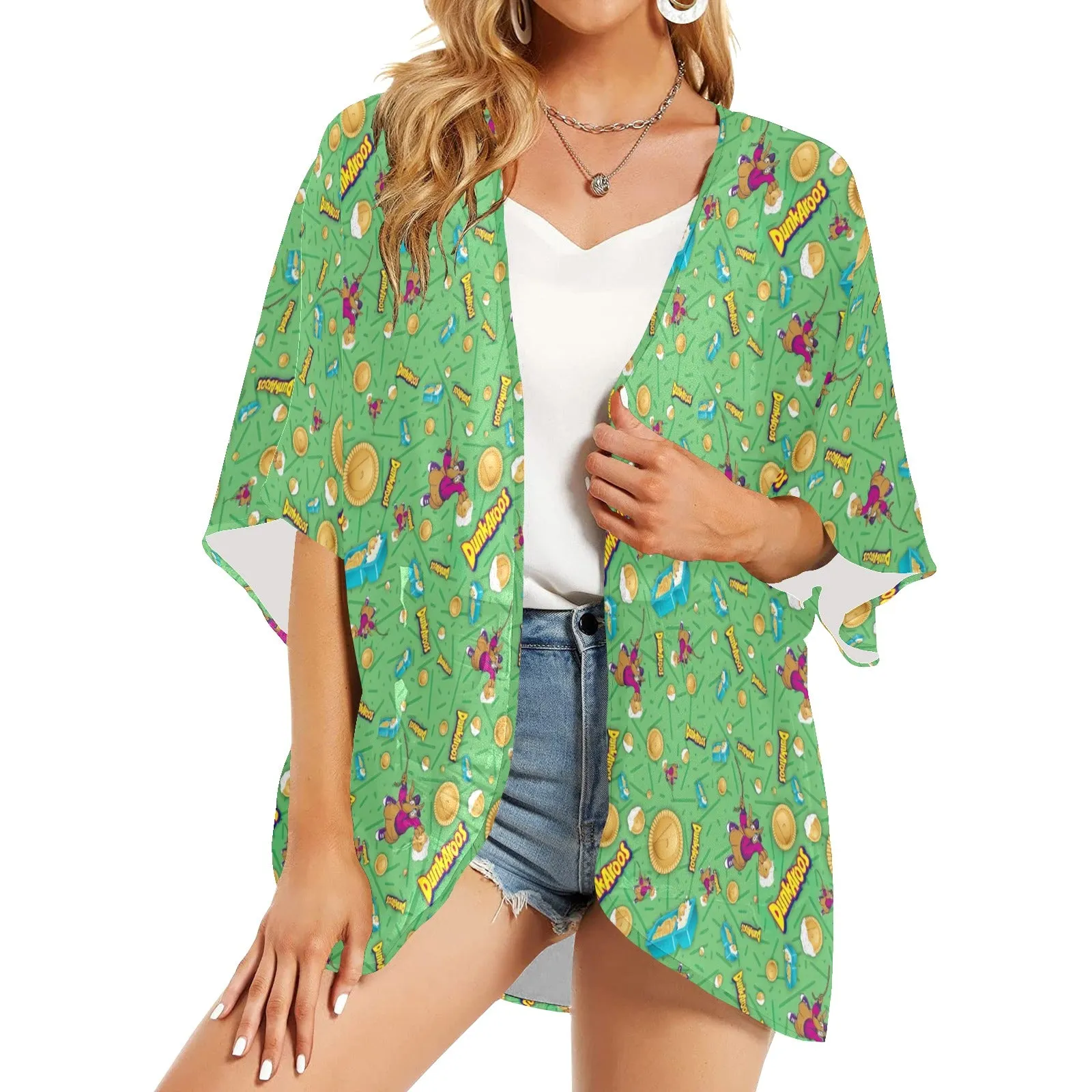 Dunkaroos Green Pattern Women's Kimono Chiffon Cover Up