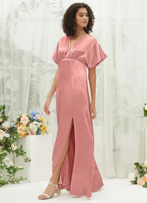 Dusty Pink V-Neck Short Sleeve Satin Maxi Bridesmaid Dress With Slit