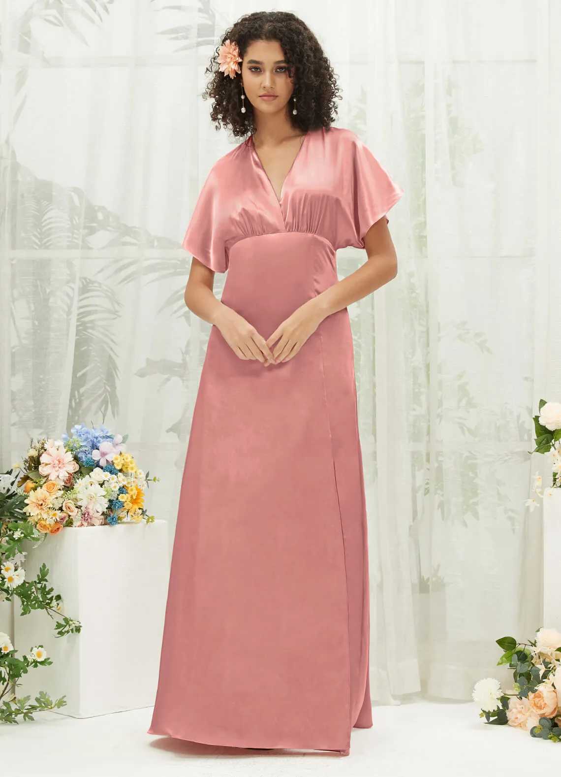 Dusty Pink V-Neck Short Sleeve Satin Maxi Bridesmaid Dress With Slit