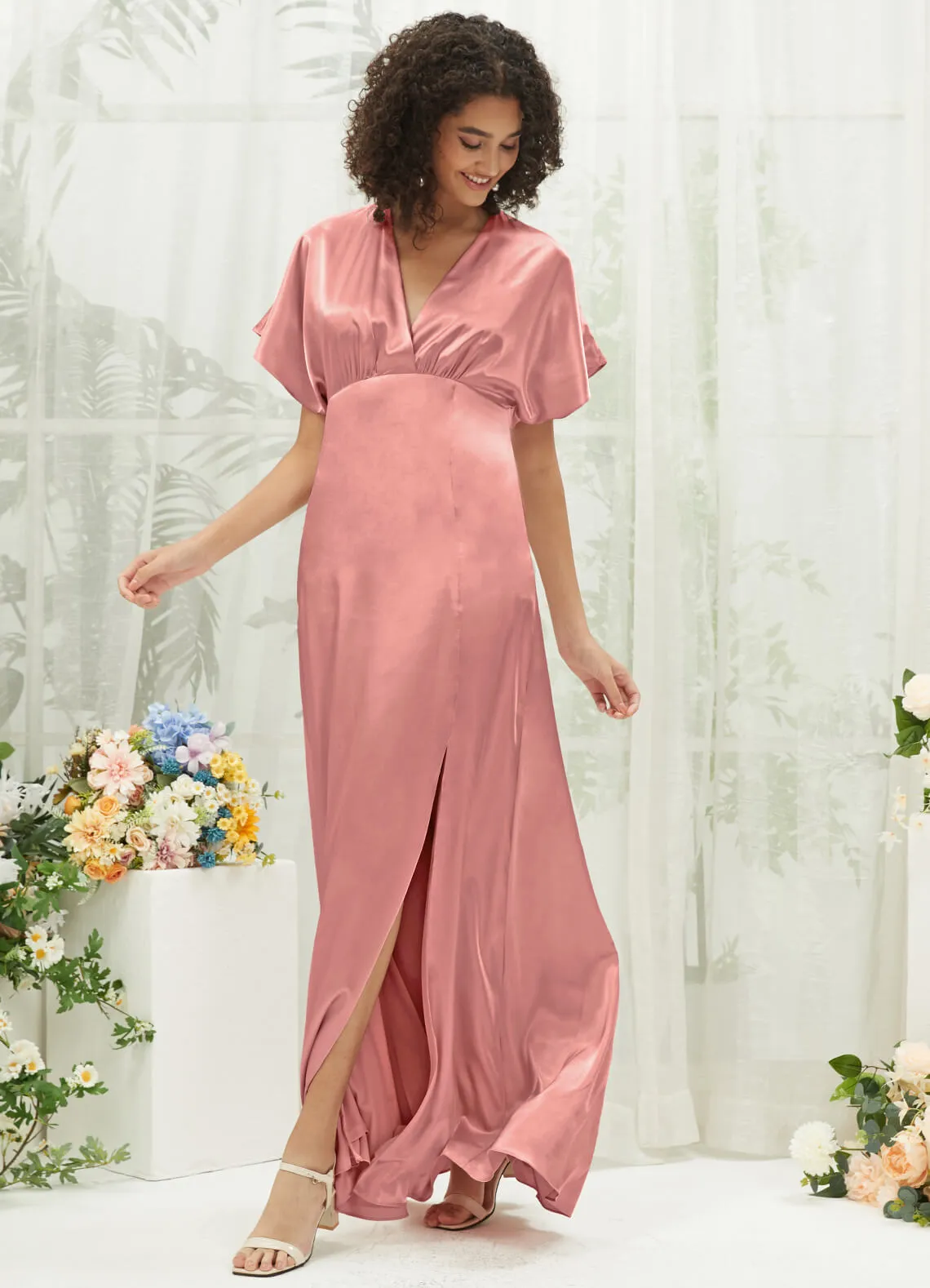 Dusty Pink V-Neck Short Sleeve Satin Maxi Bridesmaid Dress With Slit