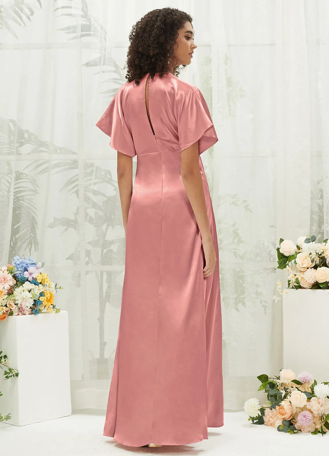 Dusty Pink V-Neck Short Sleeve Satin Maxi Bridesmaid Dress With Slit