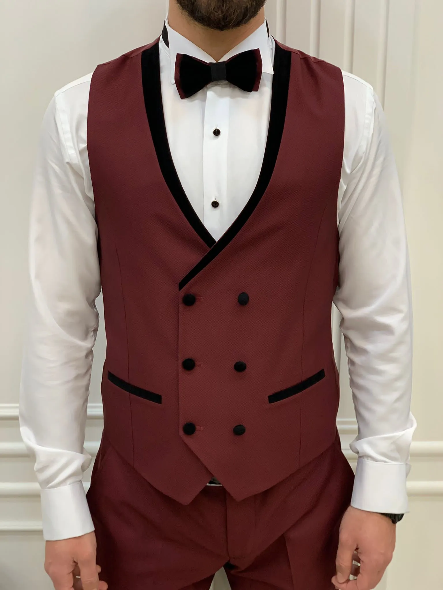Eden Burgundy Slim Fit Velvet Peak Lapel Tuxedo