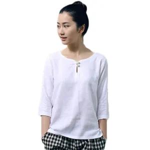 Elegant Women Shirts Ladies OL Linen Blouses Three Quarter Sleeve White Shirt for Women Tops