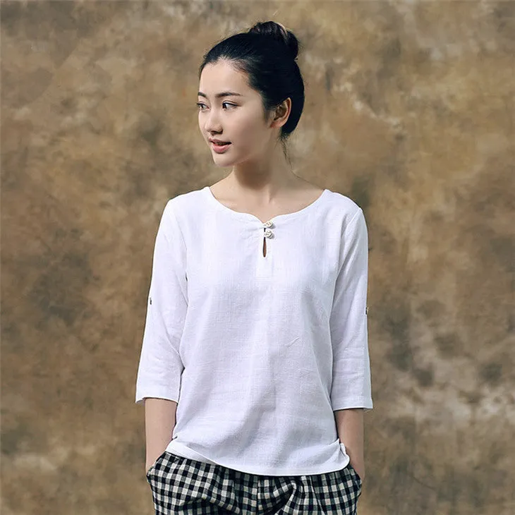 Elegant Women Shirts Ladies OL Linen Blouses Three Quarter Sleeve White Shirt for Women Tops