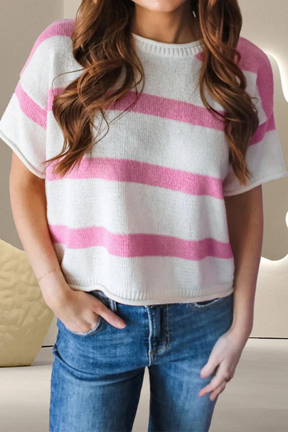 Elsa Striped Round Neck Short Sleeve Knit Top