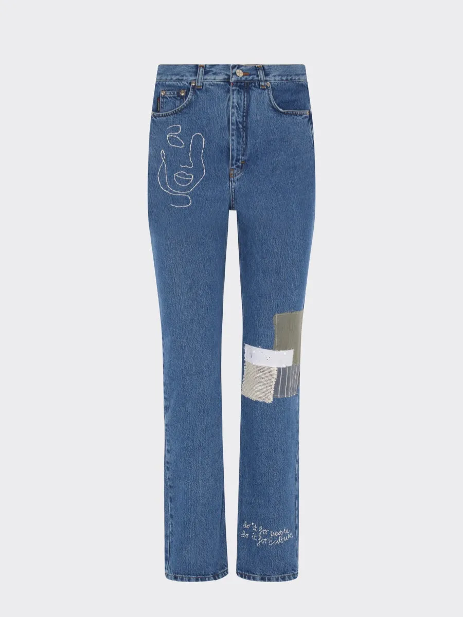Embroidered & Patchwork Upcycled Jeans in Blue Denim - Sizes 24 & 26