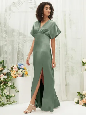 Eucalyptus V-Neck Short Sleeve Satin Maxi Bridesmaid Dress With Slit