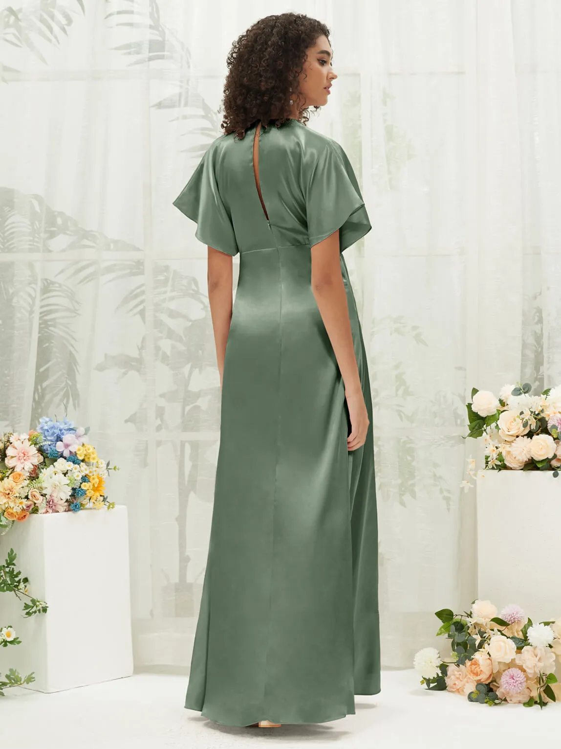 Eucalyptus V-Neck Short Sleeve Satin Maxi Bridesmaid Dress With Slit