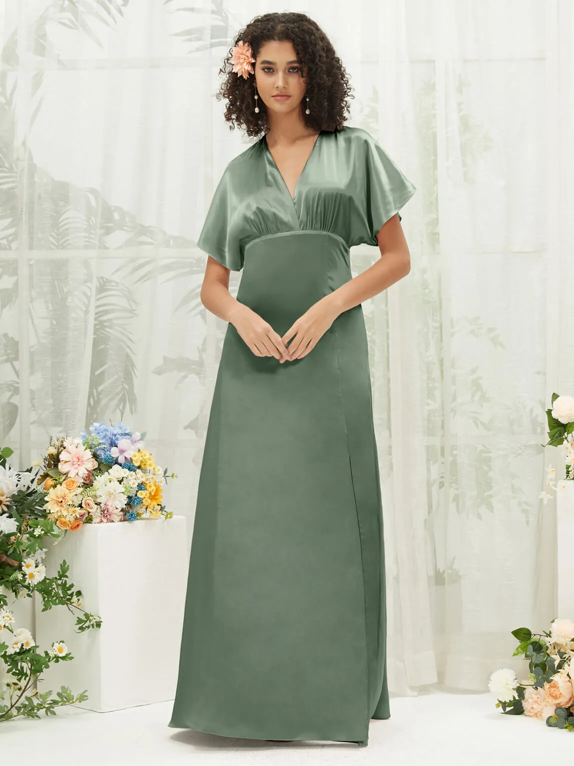 Eucalyptus V-Neck Short Sleeve Satin Maxi Bridesmaid Dress With Slit