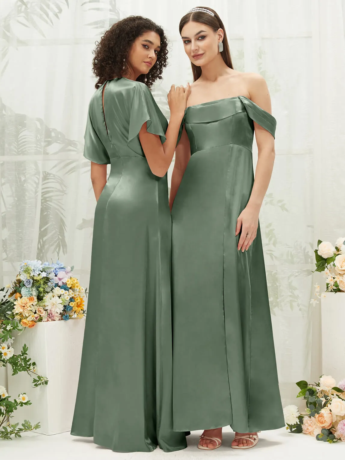 Eucalyptus V-Neck Short Sleeve Satin Maxi Bridesmaid Dress With Slit