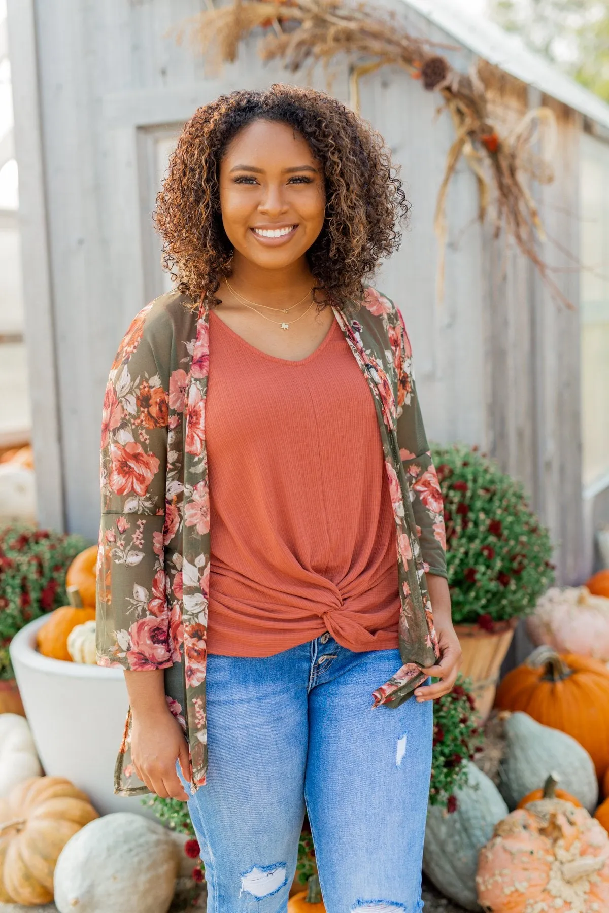 Feels Like Fall Lightweight Floral Kimono- Olive