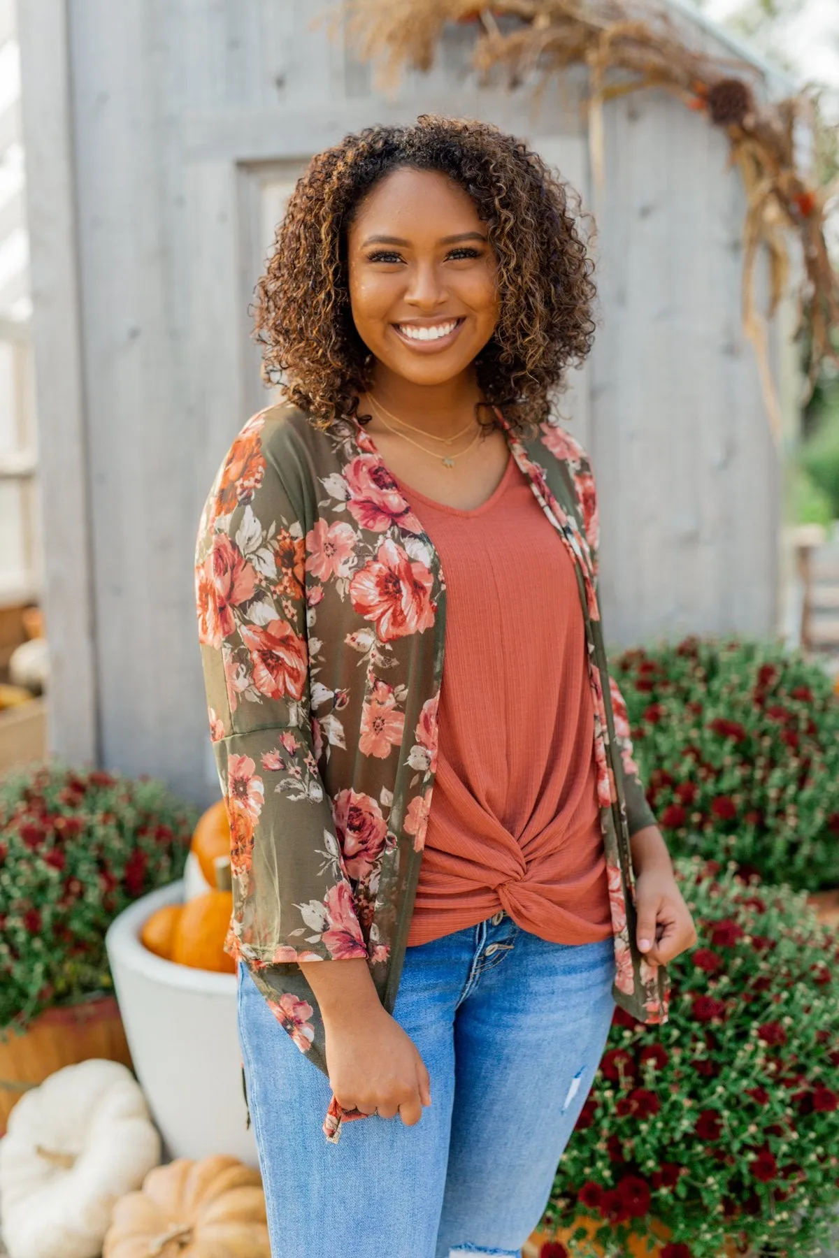 Feels Like Fall Lightweight Floral Kimono- Olive