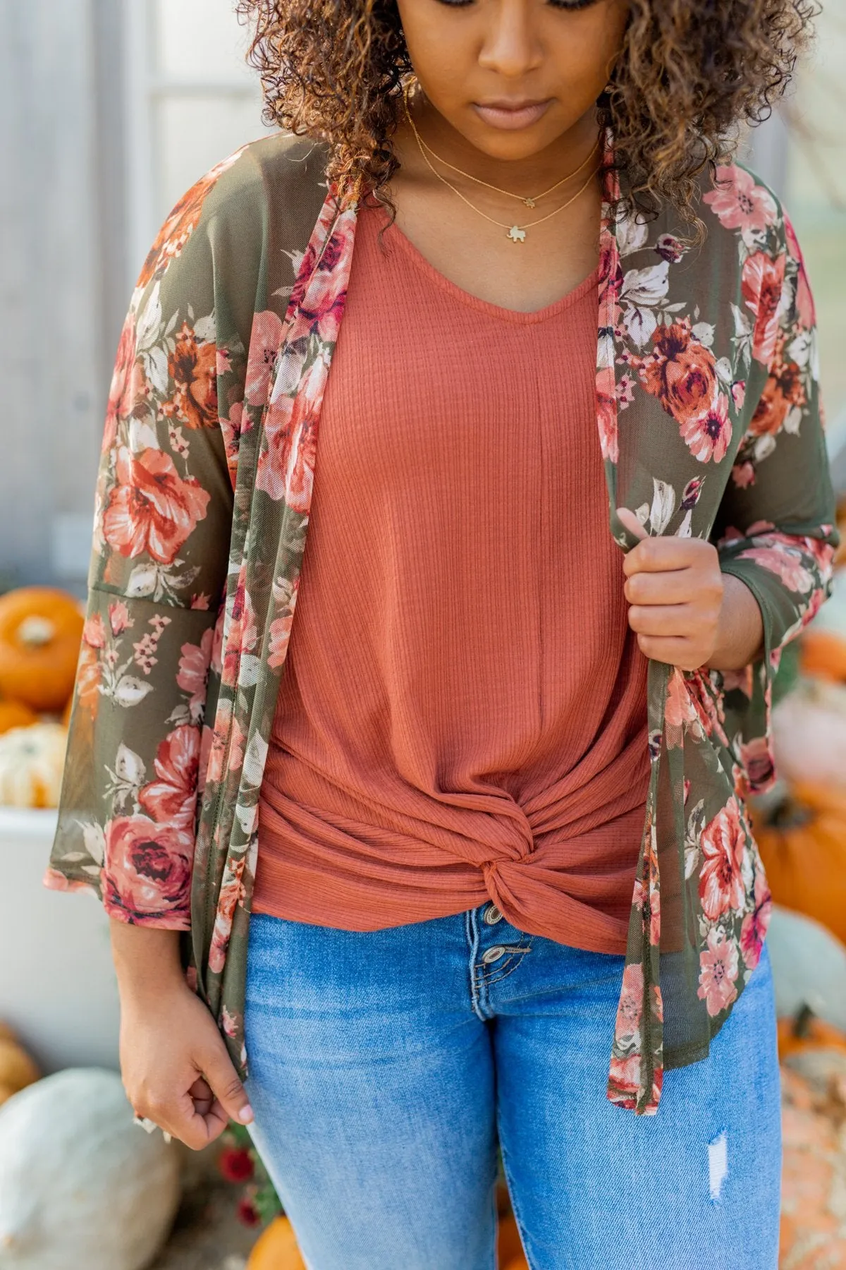Feels Like Fall Lightweight Floral Kimono- Olive