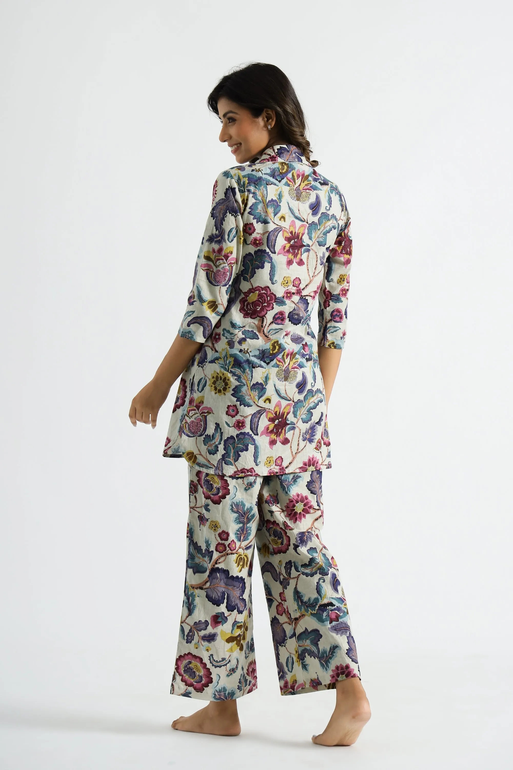 Floral Multicolor Collared Cotton Lounge Co-Ord Set with 3 button