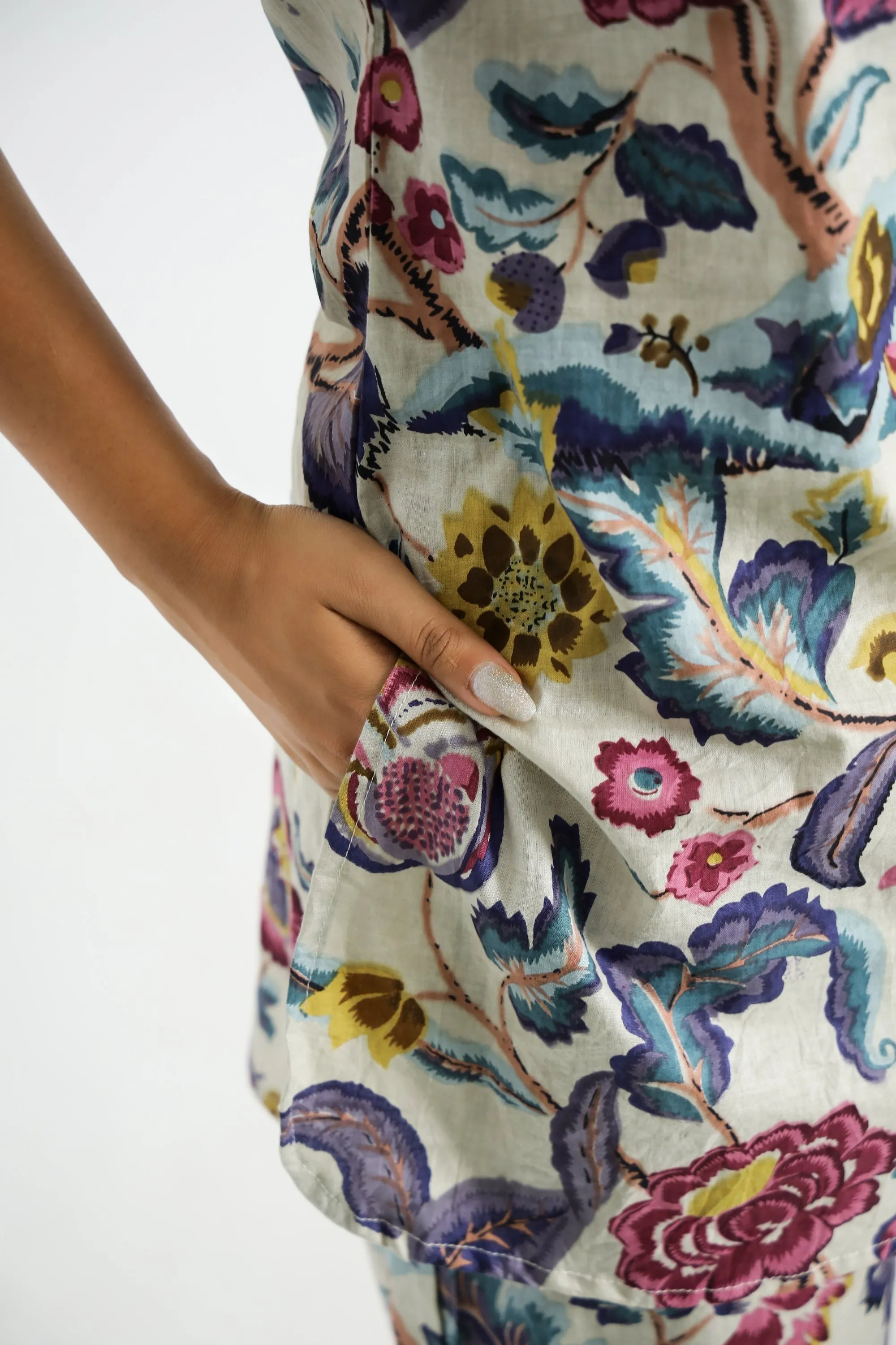 Floral Multicolor Collared Cotton Lounge Co-Ord Set with 3 button