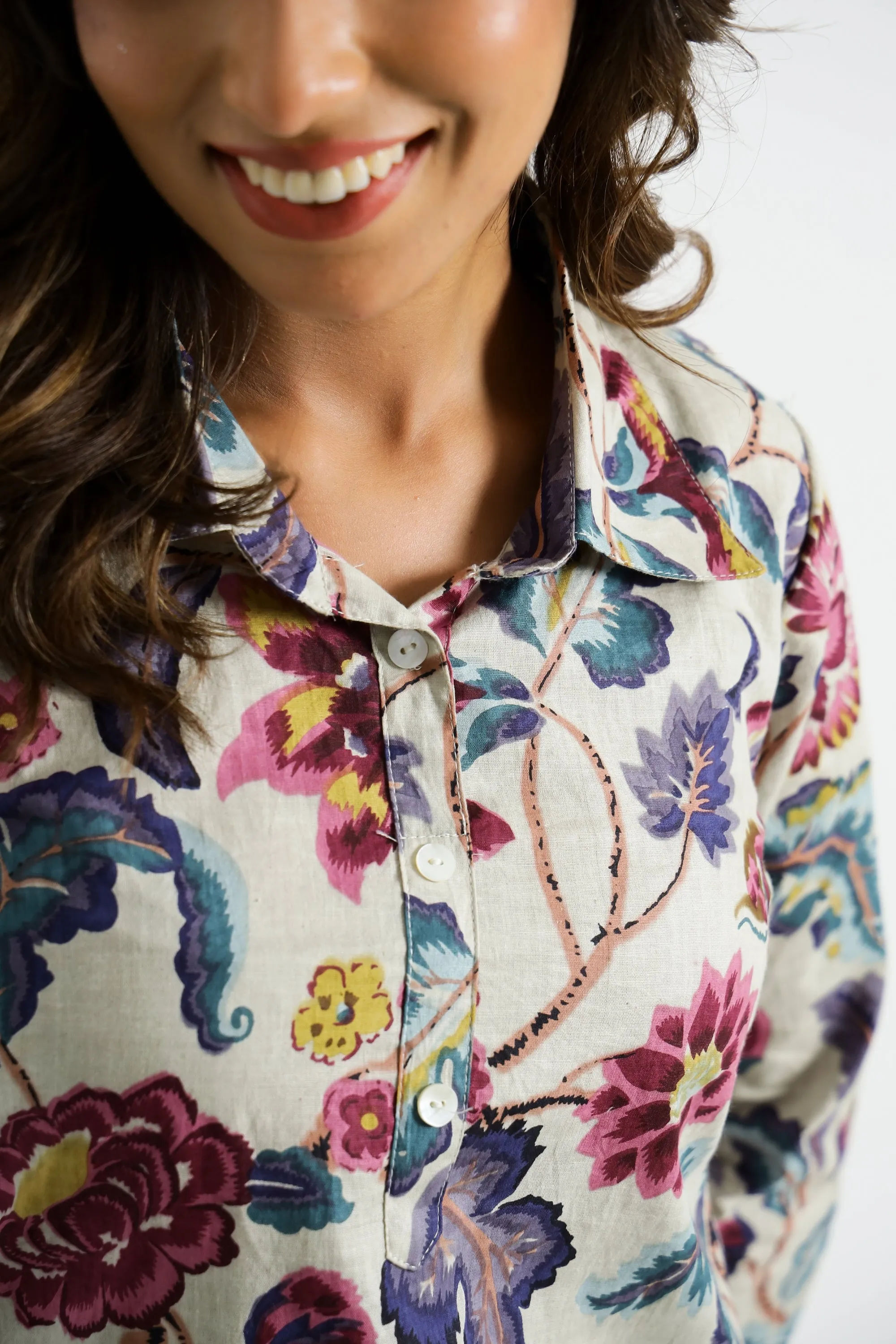 Floral Multicolor Collared Cotton Lounge Co-Ord Set with 3 button