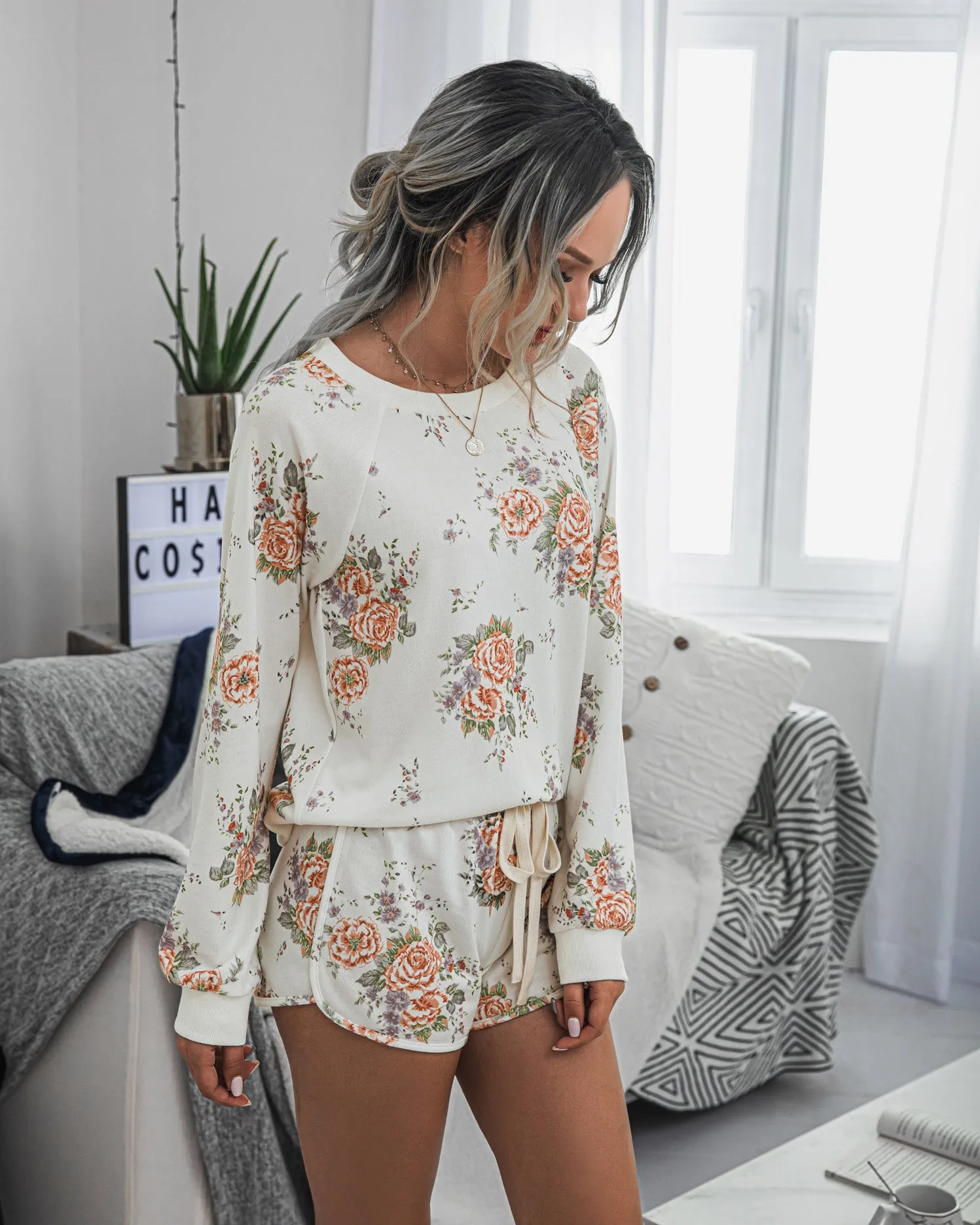 Floral Two-piece Cotton T-Shirt Lace-up Shorts Loungewear