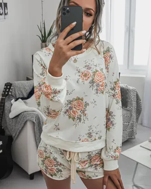 Floral Two-piece Cotton T-Shirt Lace-up Shorts Loungewear
