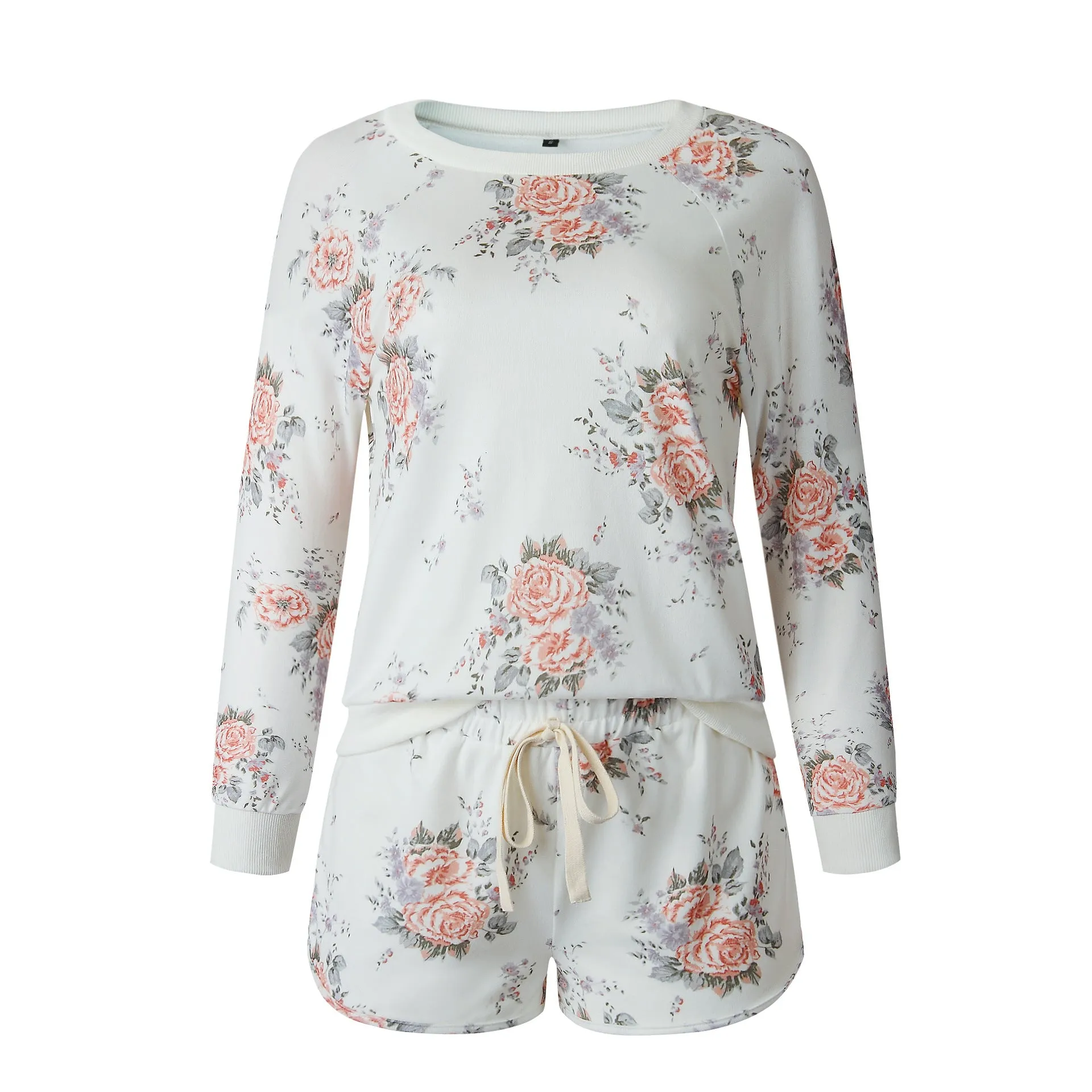 Floral Two-piece Cotton T-Shirt Lace-up Shorts Loungewear