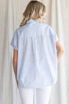 Flower Embroidery Striped Top W Open Collared Neck