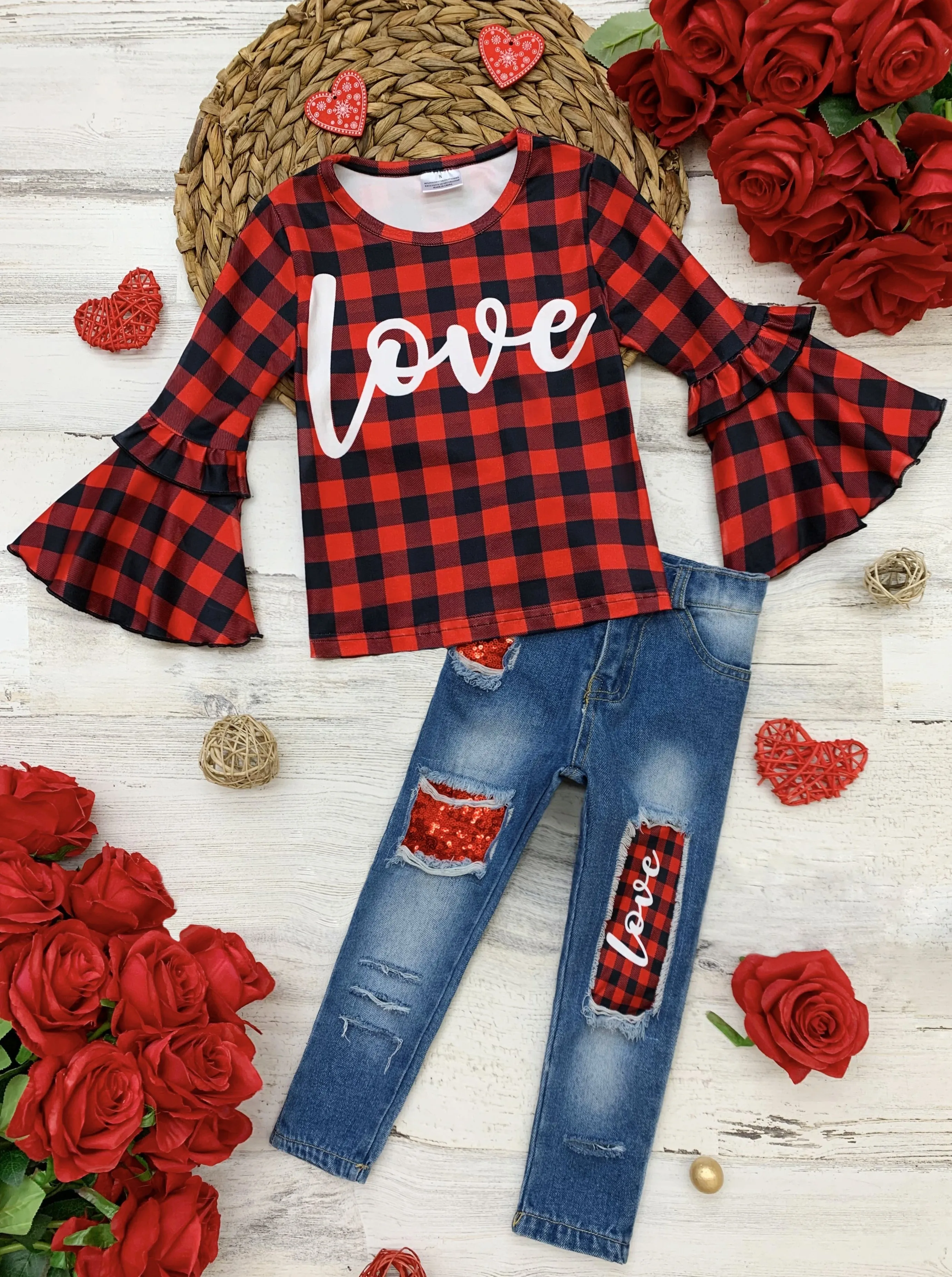 For Love Of Plaid Patched Jeans Set