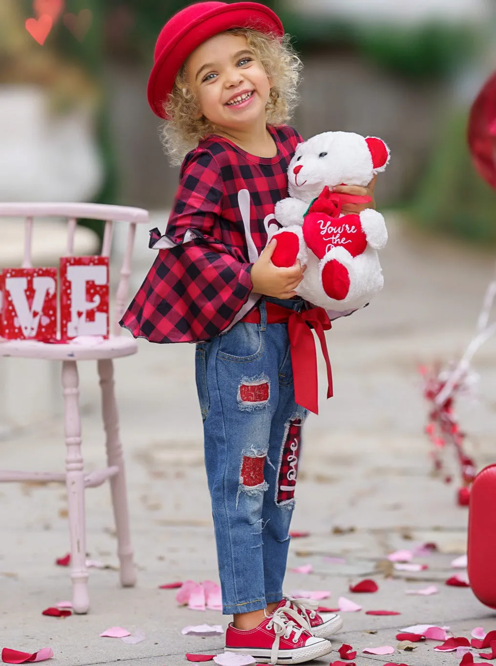For Love Of Plaid Patched Jeans Set