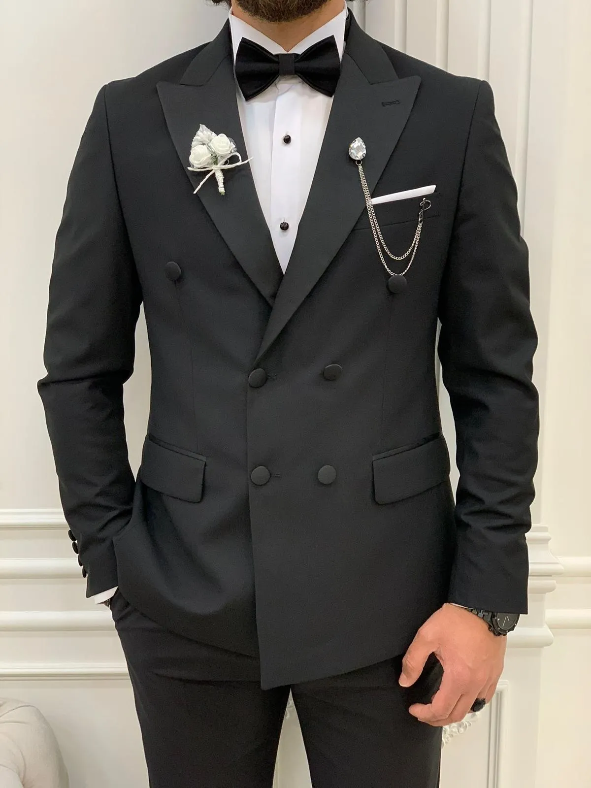 Forte Black Slim Fit Double Breasted Peak Lapel Tuxedo