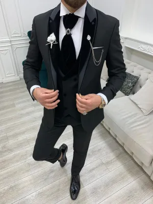 Forte Black Slim Fit Velvet Peak Lapel Wedding Suit